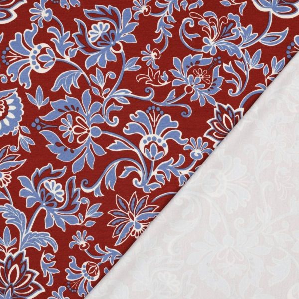 Romanitjersey Punta di Roma Blumen bordeaux hellblau – super stretchiger Viskosejersey