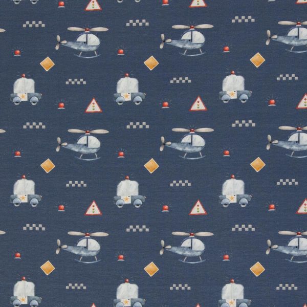 Jersey Polizei Autos Hubscharuber blau – Baumwolljersey Serie Samern by Swafing