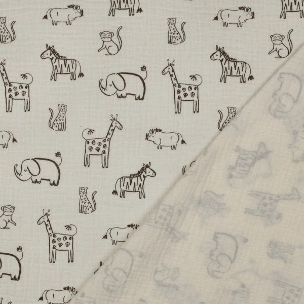 Musselin mit Tieren Zebra Elefant Giraffe Leopard – Double Gauze Safari Animals sand