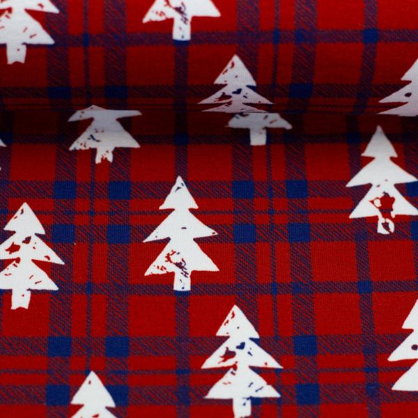 Sweat rot blau kariert mit Tannenbäumen Winter Weihnachten - French Terry Holly by Swafing