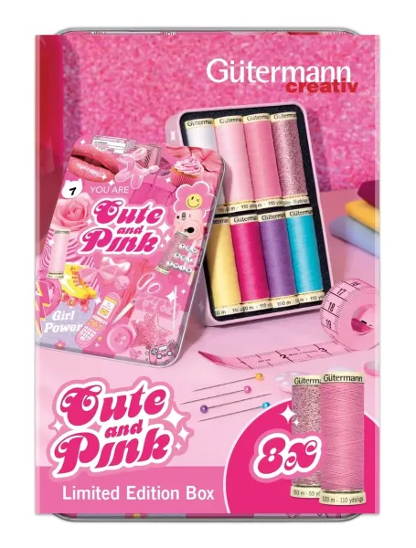 Nähgarn Set Cute and Pink - 7x 100m Allesnäher 1x 50m Metallic Garn Gütermann Metallbox