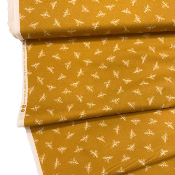 Baumwollstoff Beehive Bees gold – Patchworkstoff mit kleinen Bienen senfgelb