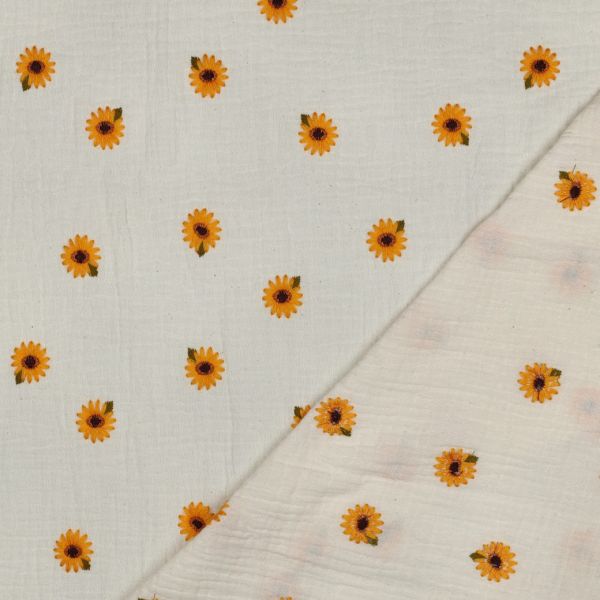 Musselin mit Stickerei Sonnenblume – Double Gauze Embroidery Sunflowers aus 100% Baumwolle