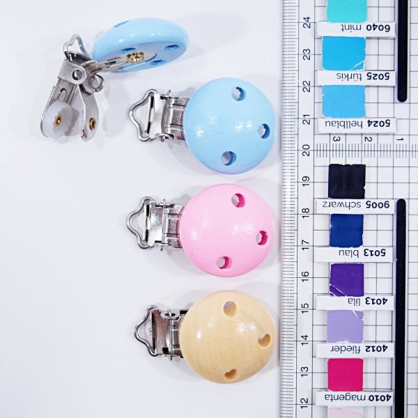 Schnullerketten Clip Holz hellblau - für Nuckel und Kinderwagenketten & Hosenträger