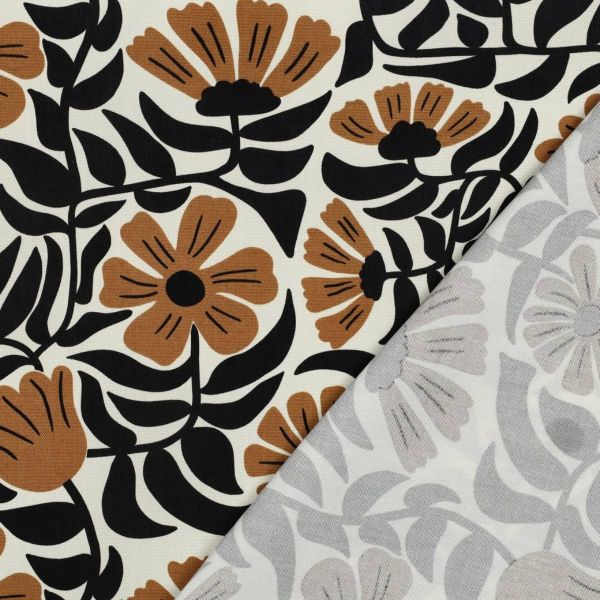 Baumwolle Canvas Blumen natur schwarz braun – robuster Dekostoff