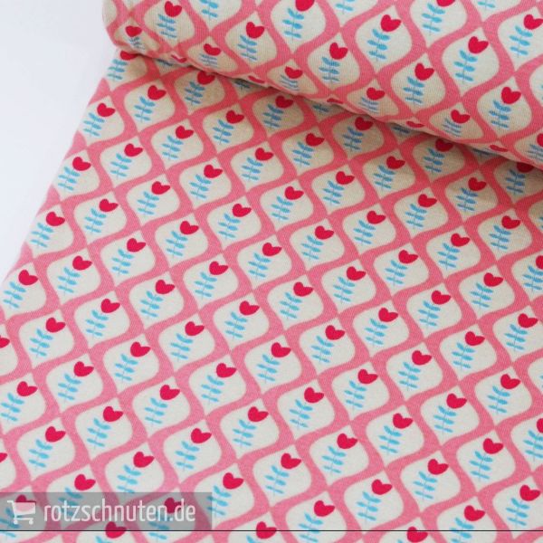 Baumwolljersey PFERDELIEBE Blüten Kombi beige rosa – Evelyn Lisi Design