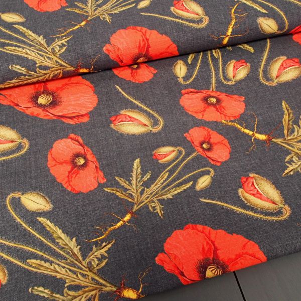 Baumwollstoff MESTRAL – roter Mohn auf Dunkelgrau, made in Spain, weich & dekorativ