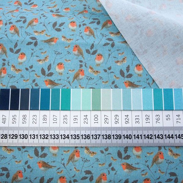 acufactum Rotkehlchen - Baumwolle mit kleinen Vögeln türkis beige rot