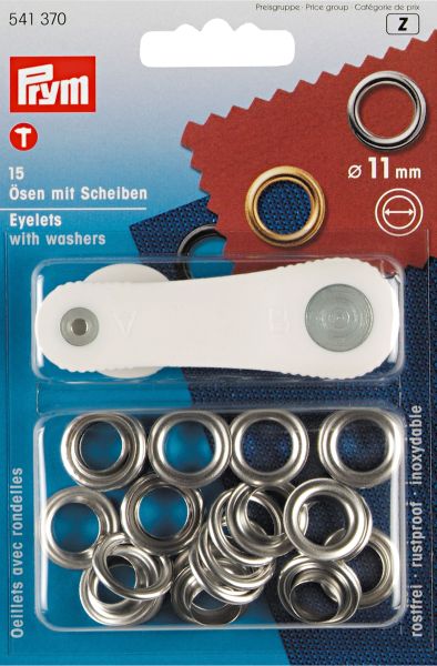 15 Ösen mit Scheiben 11mm silber - mit Werkzeug