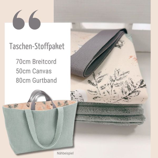Taschen-Stoffpaket mint – Breitcord, Baumwoll-Dekostoff & graues Gurtband