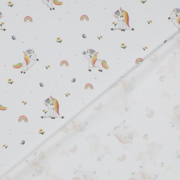 Bio Baumwolljersey weiß – kleine Einhörner mit Regenbogenmähne, Blümchen & Schmetterlingen