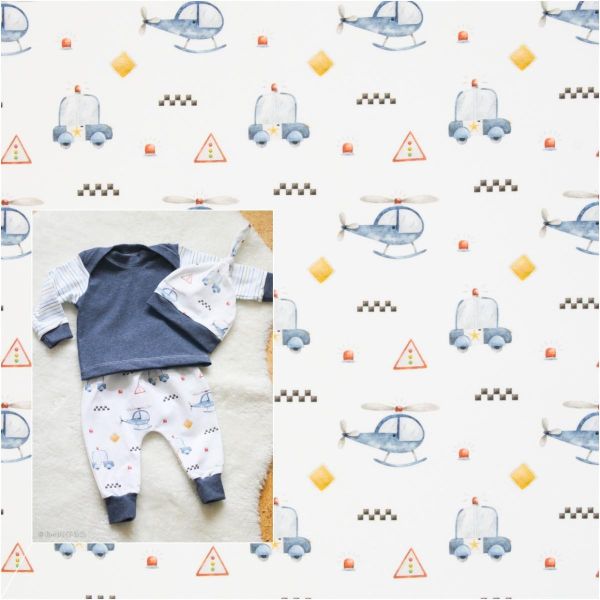 Jersey Polizei Autos Hubscharuber weiß blau – Baumwolljersey Serie Samern by Swafing