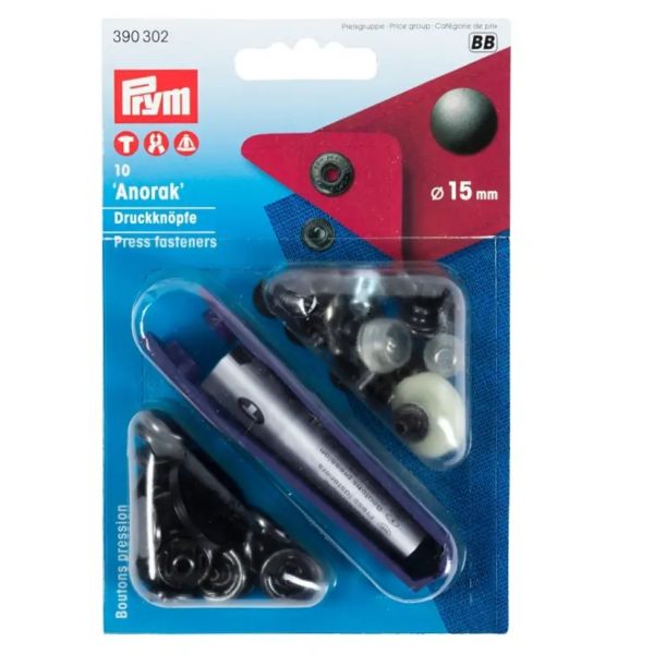 10 Anorak Druckknöpfe PRYM – 15mm schwarz mit Werkzeug