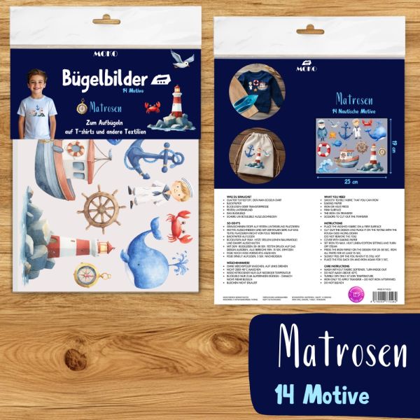 Bügelbilder Set Matrosen maritim 1 Bogen – viele süße Motive zum Aufbügeln für Textilien