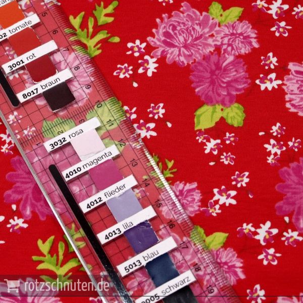 Baumwolljersey PEONY red – Pfingsrosen Asia rot pink