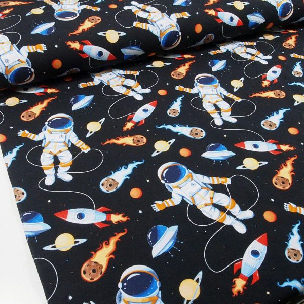 Kinderstoff - Schwarzer Baumwolljersey mit Weltraummotiven für Abenteurer