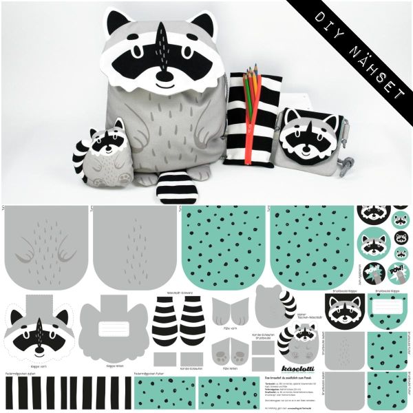 DIY Nähset Turnbeutel Waschbär von Käselotti - Tierbeutel Panel 75x150cm