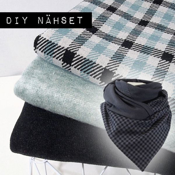 3 Stoffzuschnitte für ein Maxi Dreieckstuch aus Strick karo mint schwarz • Maxituch mit Twist