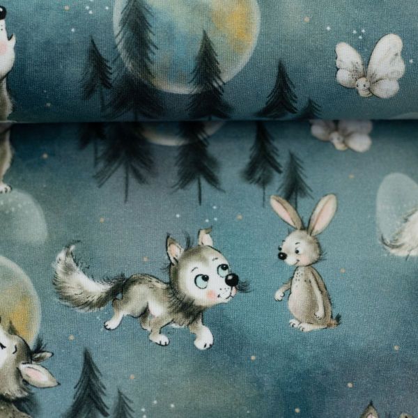 Baumwolljersey Jerry Wolf Hase Wald petrol – Swafing