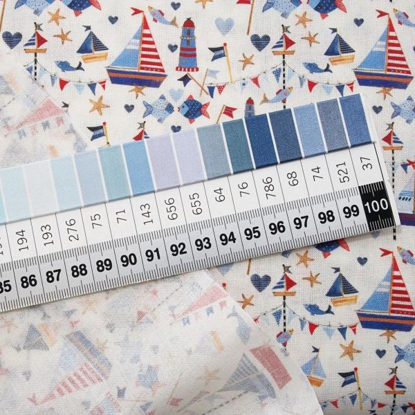 acufactum Segelboote Leuchtturm Fische Seestern blau rot - Baumwolle maritim