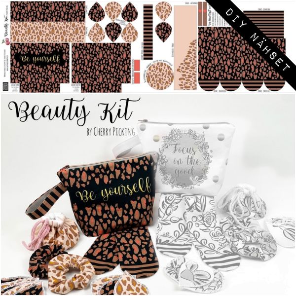 Nähset Beauty Kit LEO von Cherry Picking Kosmetiktasche Schlafbrille Scrunchie - Panel 50x150cm