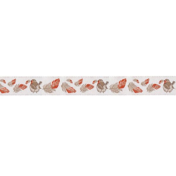 Webband - Rotkehlchen mit Feder - von Acufactum weiß beige rot