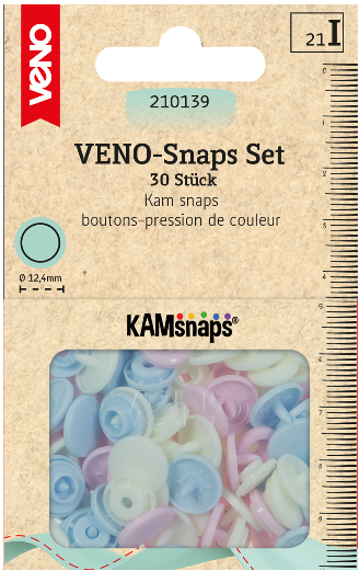 30 Kam Snaps im Farbmix pastell rosa hellblau creme – bunte Plastik Druckknöpfe Ø 12,4 mm mit Box