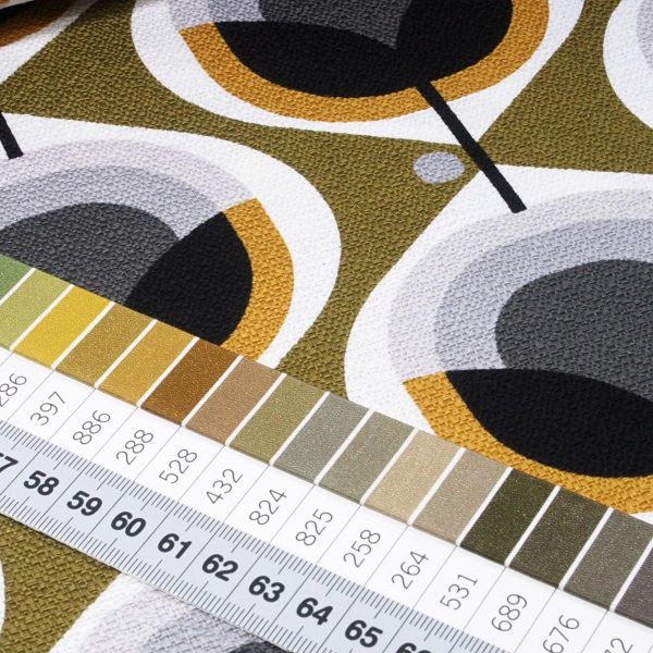 Bio Baumwolle Maxi Blüten Tulpen oliv senf - Modern Retro Barkcloth Geo floral Dekostoff