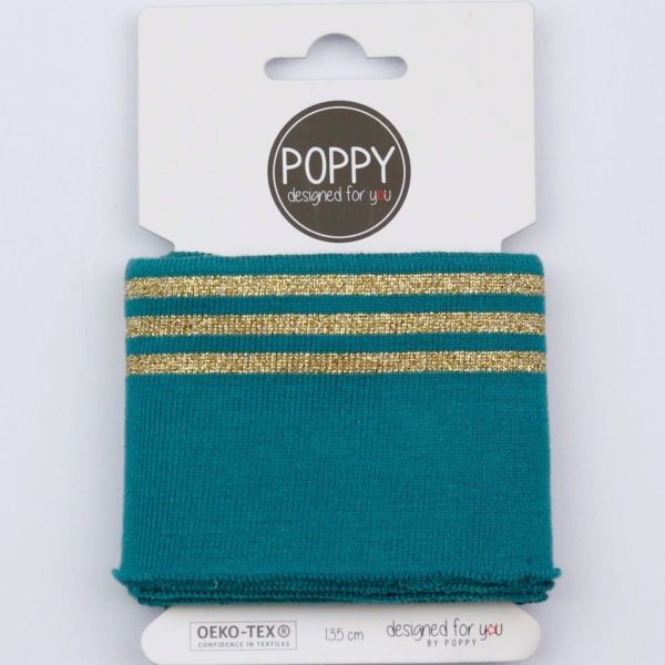 Fertigbündchen Cuff teal petrol mit goldenen Streifen • Glitzer Bündchen 135 cm