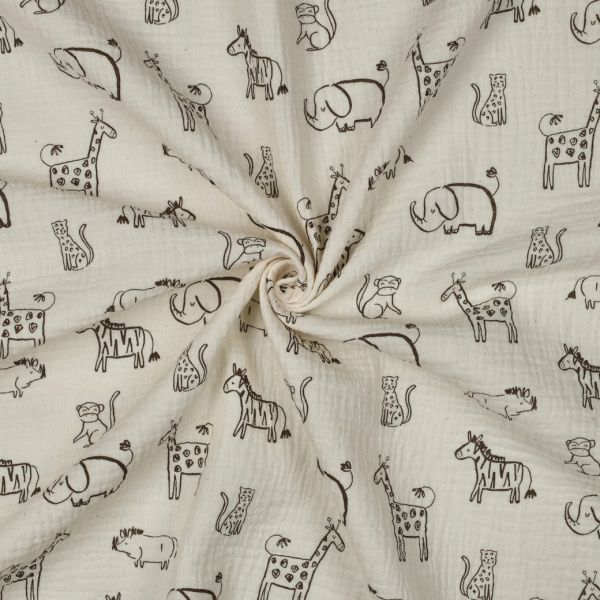 Musselin mit Tieren Zebra Elefant Giraffe Leopard – Double Gauze Safari Animals sand