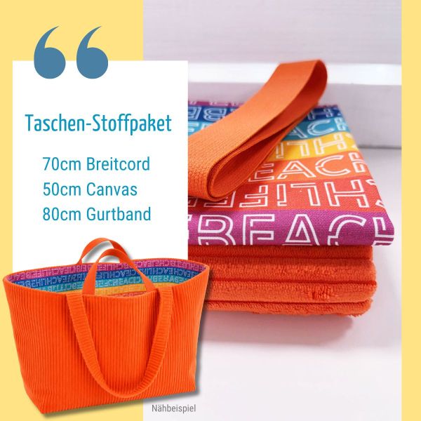 Taschen-Stoffpaket orange – Breitcord, bunter Baumwollstoff & Gurtband