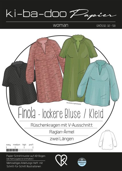Schnittmuster lockere Bluse mit Rüschenkragen Finola Woman - Kleid von KiBaDoo Gr. 32-58
