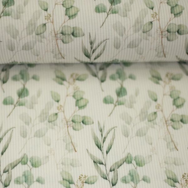 Rippjersey Eukalyptus Blätter Zweige weiß grün – Serie Mia von Swafing