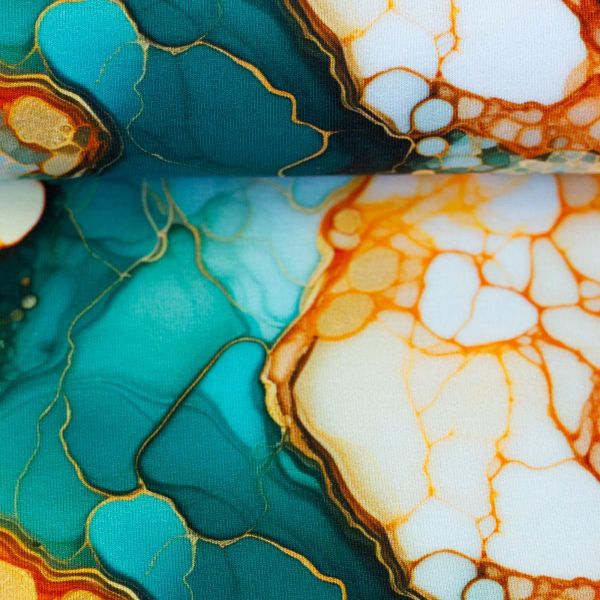 Flowing Bloom French Terry petrol-smaragd-orange – Swafing Design
