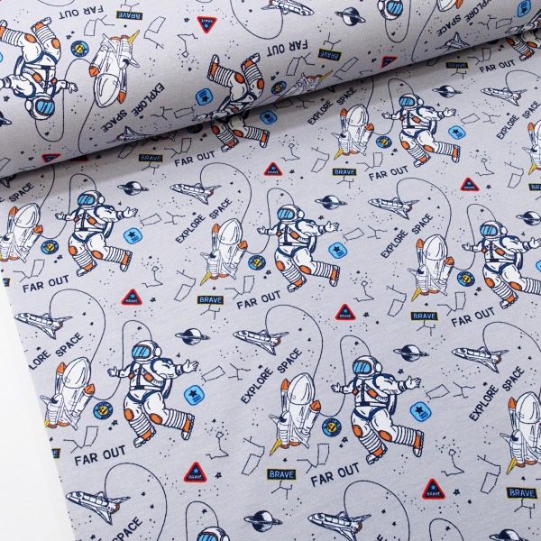 Astronauten Raketen Sterne Planeten grau – French Terry Weltall FVJ1899