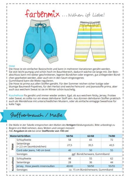 Schnittmuster Zwergenverpackung 1 von Farbenmix – Gr. 50-80 Pumphose Shirt Kleid Hoodie Jacke