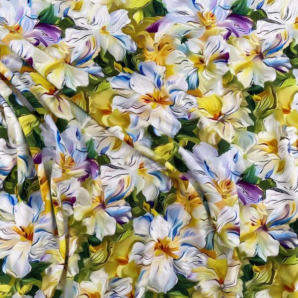 Viskose Jersey knitterfrei mit 3D Druck Blüten weiß gelb grün - Sarah 3D Kollektion