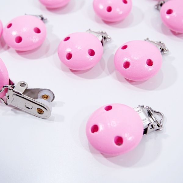 Schnullerketten Clip Holz rosa - für Nuckel und Kinderwagenketten & Hosenträger