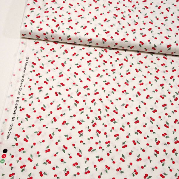 Baumwolle mit kleinen Kirschen creme weiß rot - Cherry Crush Serie Afternoon Tea
