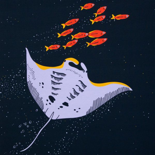 Maritimer Sweat navy mit Oktopus und Mantarochen by Käselotti – 150cm Panel French Terry