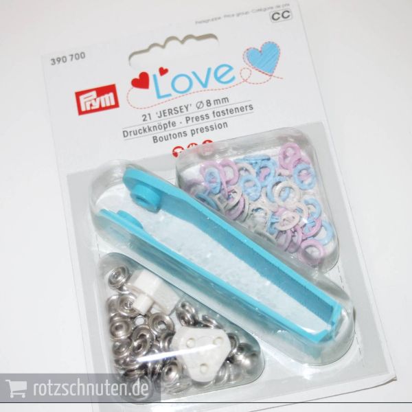 21 Jersey Druckknöpfe PRYM LOVE – 8mm rosa hellblau creme mit Werkzeug