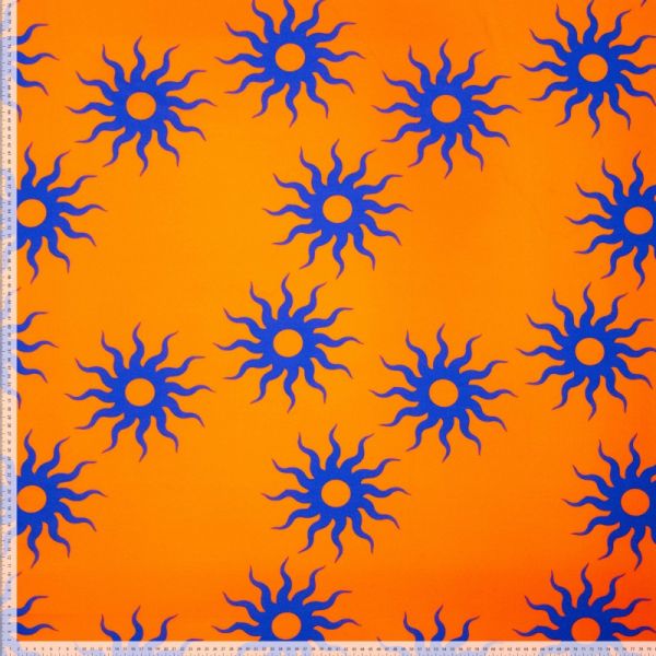 Baumwoll-Popeline mit Sonne Blüte orange blau - Baumwollstoff Sarah Sun