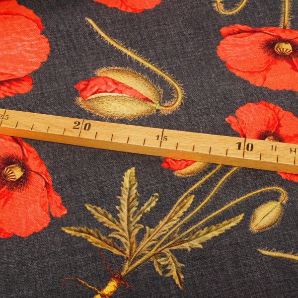 Baumwollstoff MESTRAL – roter Mohn auf Dunkelgrau, made in Spain, weich & dekorativ