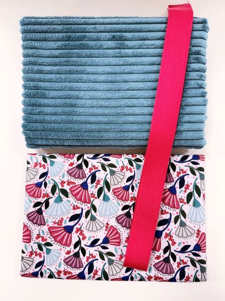 Taschen-Stoffpaket petrol – Breitcord, Blumen Baumwollstoff & Gurtband pink