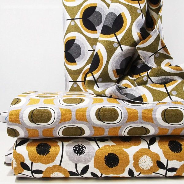 Bio Baumwolle Maxi Blüten Tulpen oliv senf - Modern Retro Barkcloth Geo floral Dekostoff