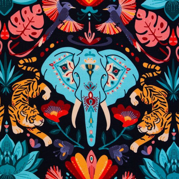 Modal Sweat Elefanten Tiger Blüten bunt - French Terry Design Kanani by Käselotti von Swafing