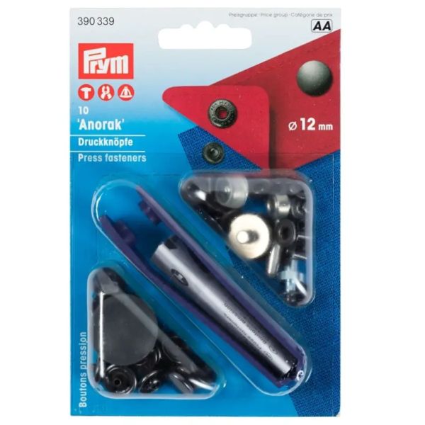 10 Anorak Druckknöpfe PRYM – 12mm schwarz mit Werkzeug