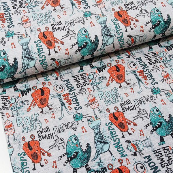 French Terry DANCING MONSTERs grau mint orange - Sommersweat meliert