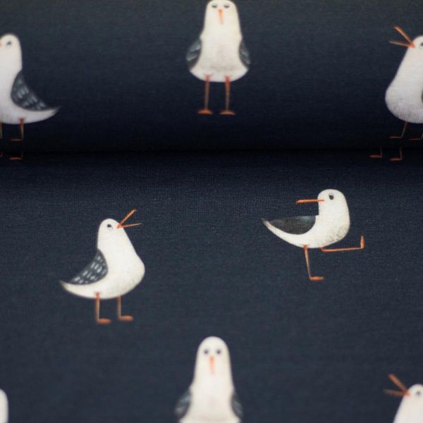 Baumwolljersey freche Möwe dunkelblau navy – Serie Aurich maritim by Swafing