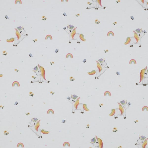 Bio Baumwolljersey weiß – kleine Einhörner mit Regenbogenmähne, Blümchen & Schmetterlingen